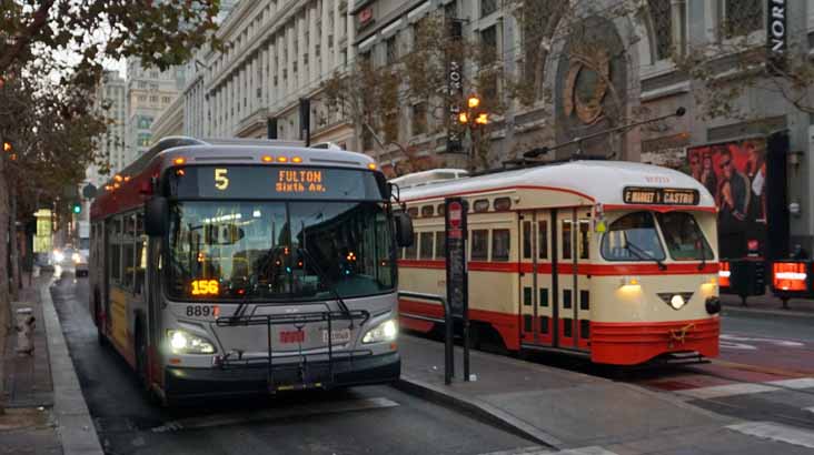 MUNI New Flyer Xcelsior XDE40 8897 & PCC Detroit Street Railway 1079